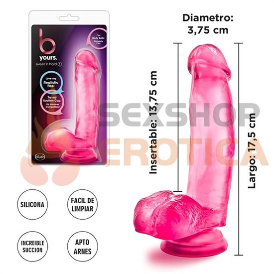 Dildo rosa semi transparente con testiculos y sopapa